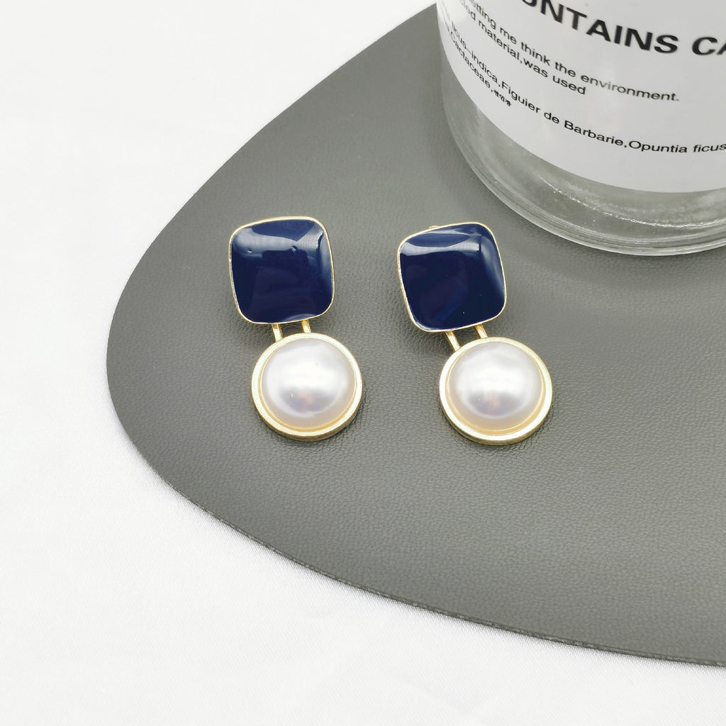 Red Blue Blocks Pearl Stud Earrings Ins French Simplicity