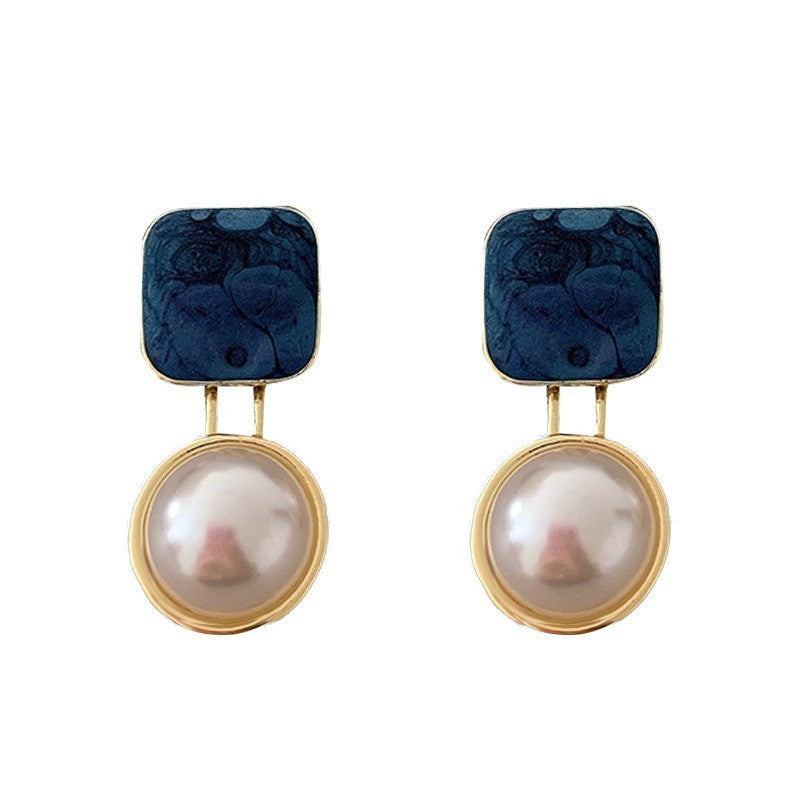 Red Blue Blocks Pearl Stud Earrings Ins French Simplicity