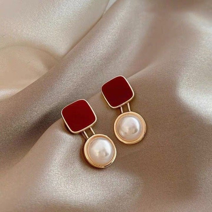 Red Blue Blocks Pearl Stud Earrings Ins French Simplicity